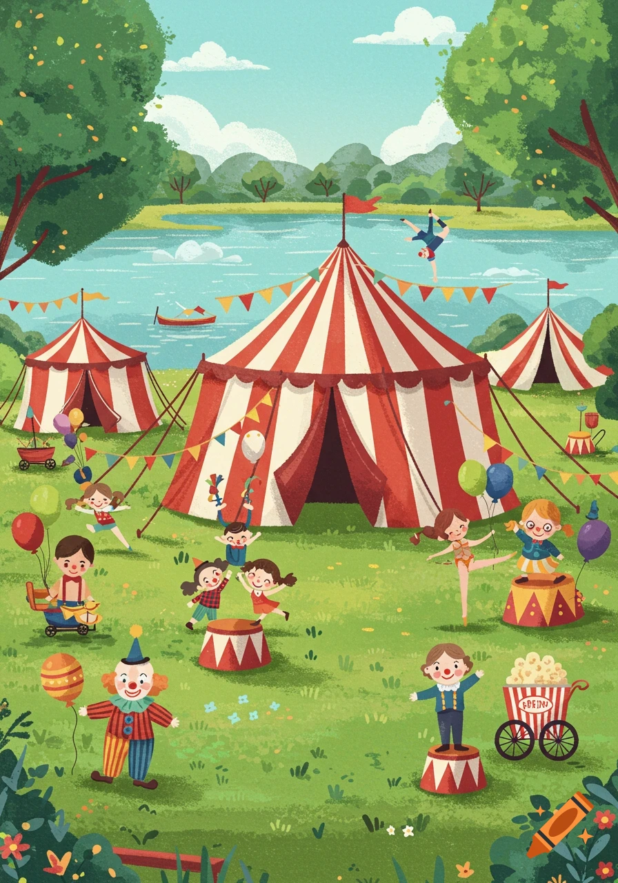 A vibrant cartoon illustration of a lively circus ground by a lake, with children, clowns, and red and white striped tents.