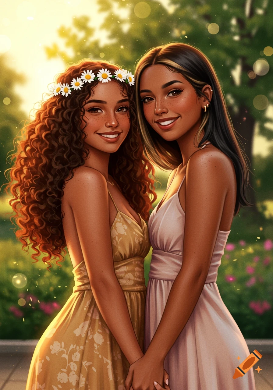 Two smiling young women, one with curly hair and a daisy crown, holding hands in a sunlit garden, illustration.