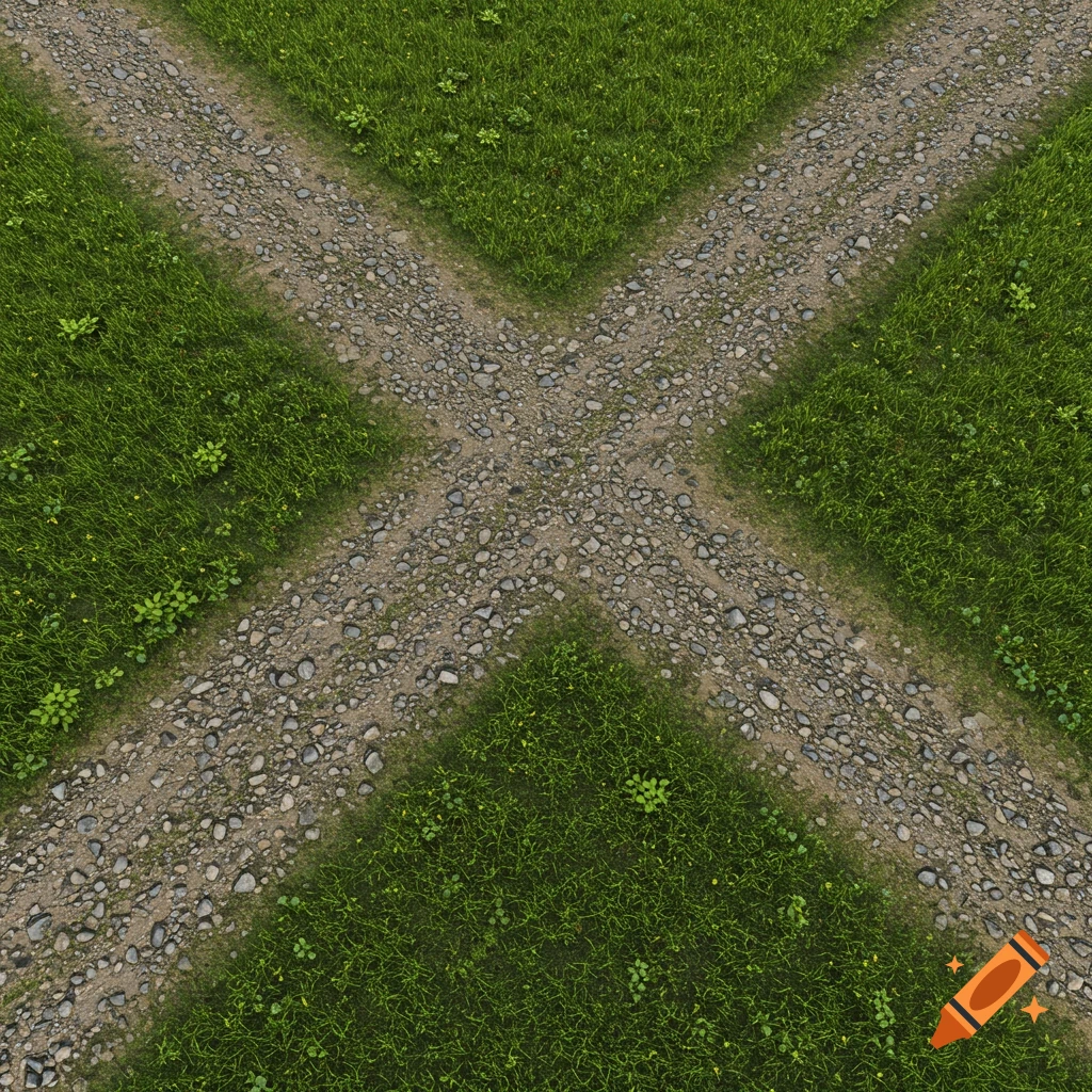 Overhead view of gravel paths forming an 'X' intersection in a lush green grassy field.
