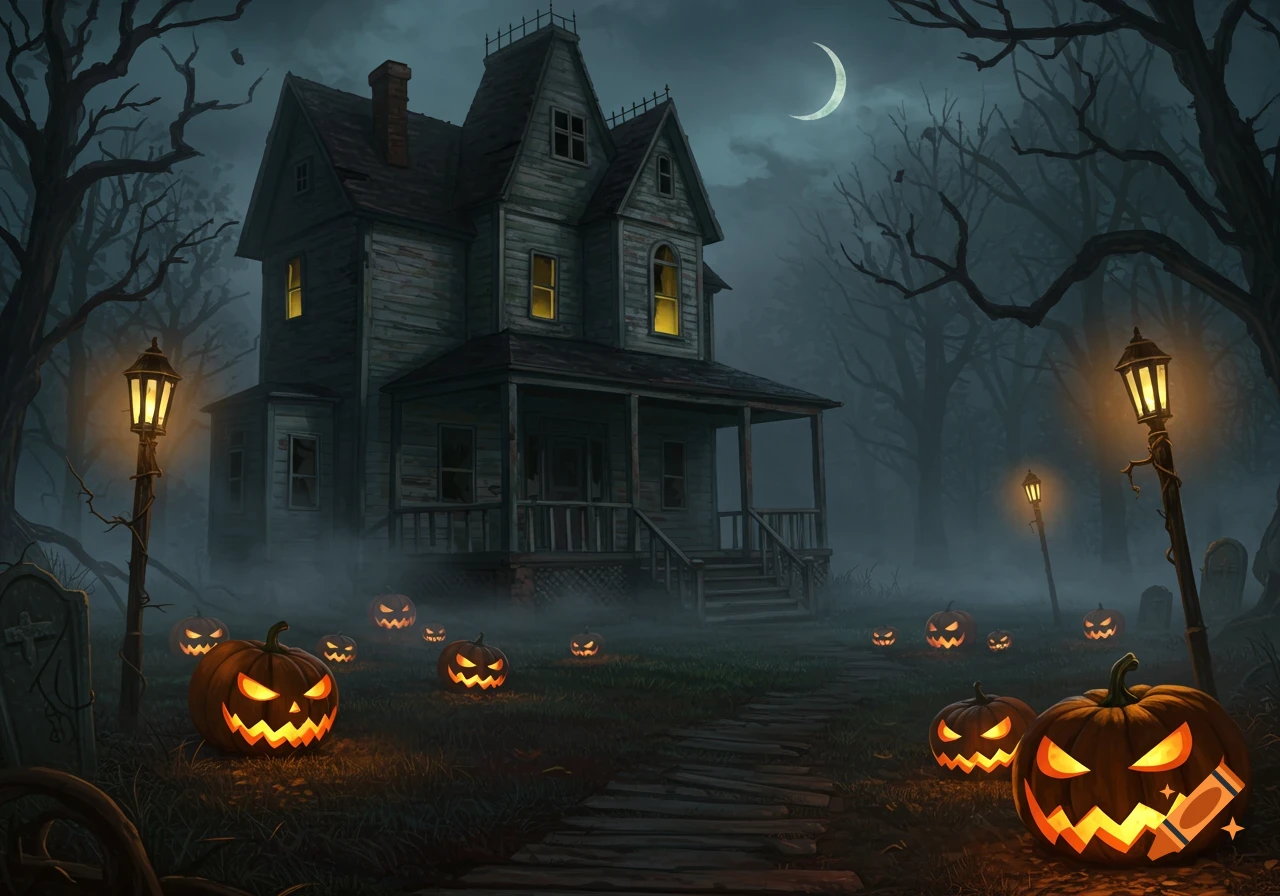 A spooky haunted house on a misty night with glowing jack-o'-lanterns in the foreground and a crescent moon in the sky.