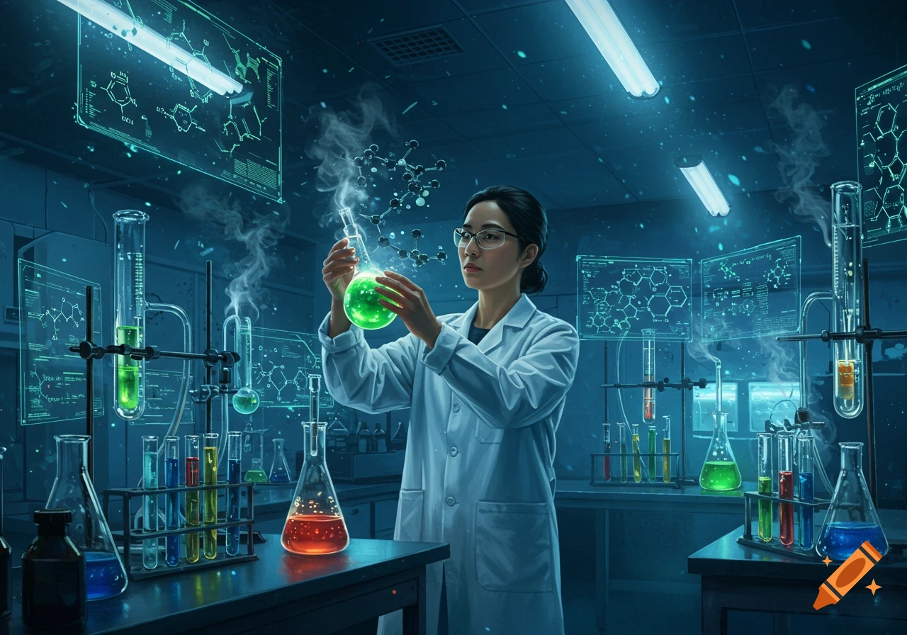 A female chemical engineer in a lab coat holds a glowing green flask, surrounded by various beakers and screens displaying molecular structures in a dark, futuristic laboratory.