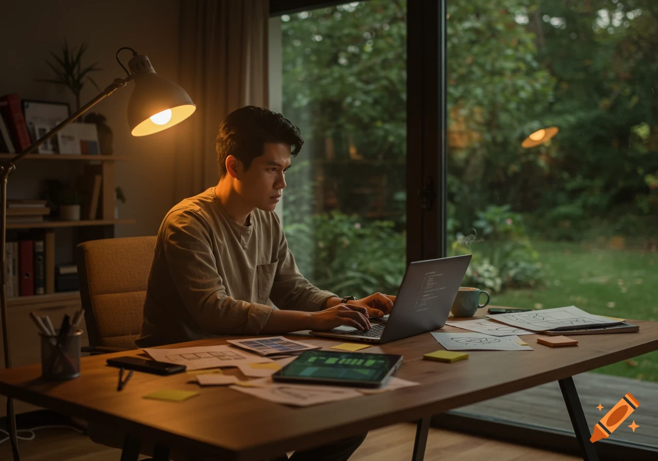 A man works on a laptop at a desk with a lamp and a green garden visible through the window, photorealistic.