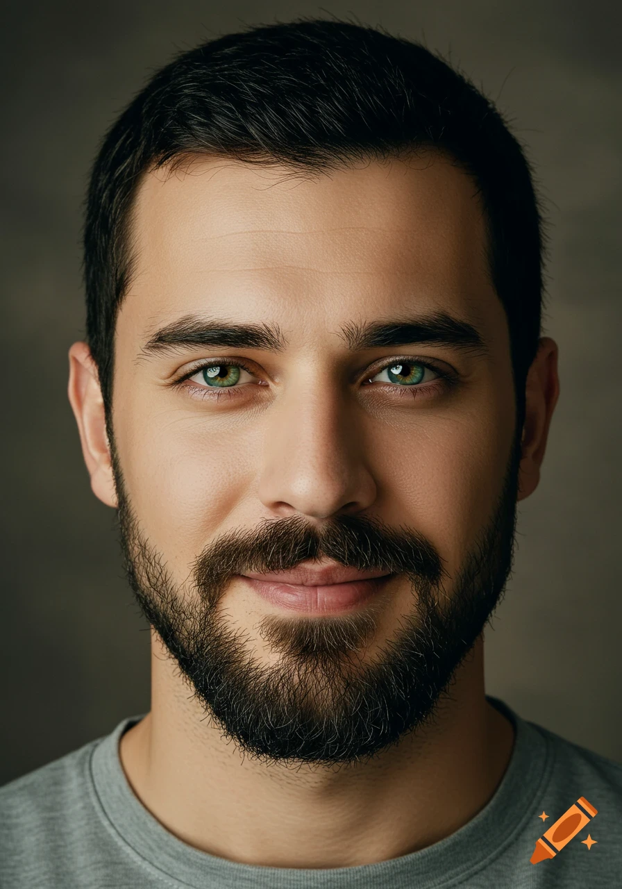 A close-up photorealistic portrait of a handsome man with dark hair, a well-groomed beard, and striking green eyes, smiling slightly.