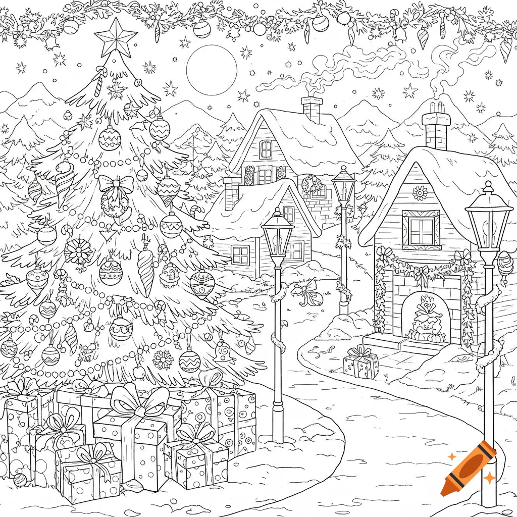 Detailed black and white outline drawing of a snowy Christmas village. A large decorated Christmas tree with presents stands next to a path leading to cozy snow-covered houses with smoking chimneys and glowing street lamps.