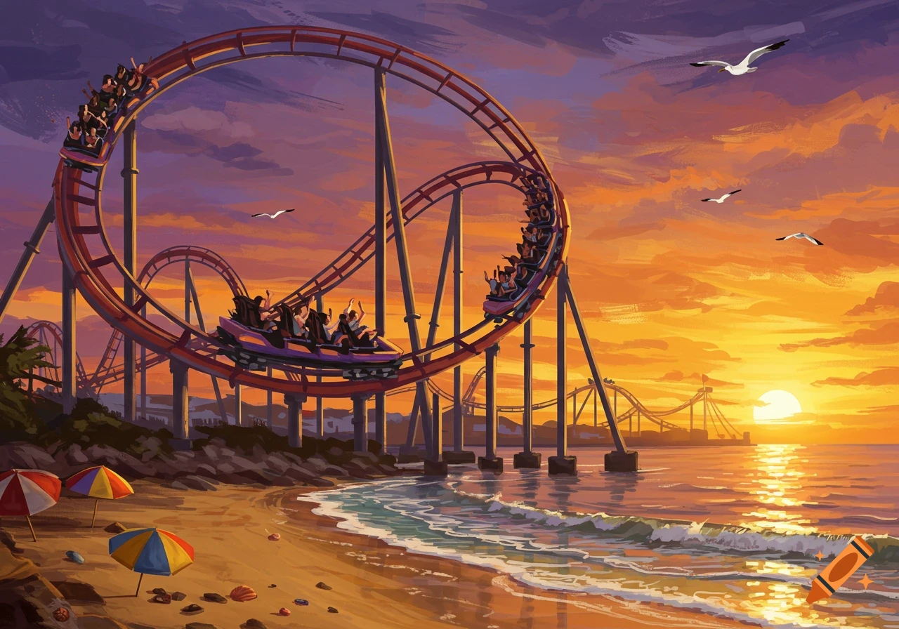 A colorful illustration of a rollercoaster on a beach at sunset with people riding, waves, and seagulls.