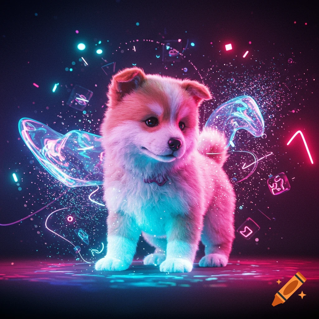 A fluffy puppy stands amidst vibrant pink and blue neon lights and glowing particles.