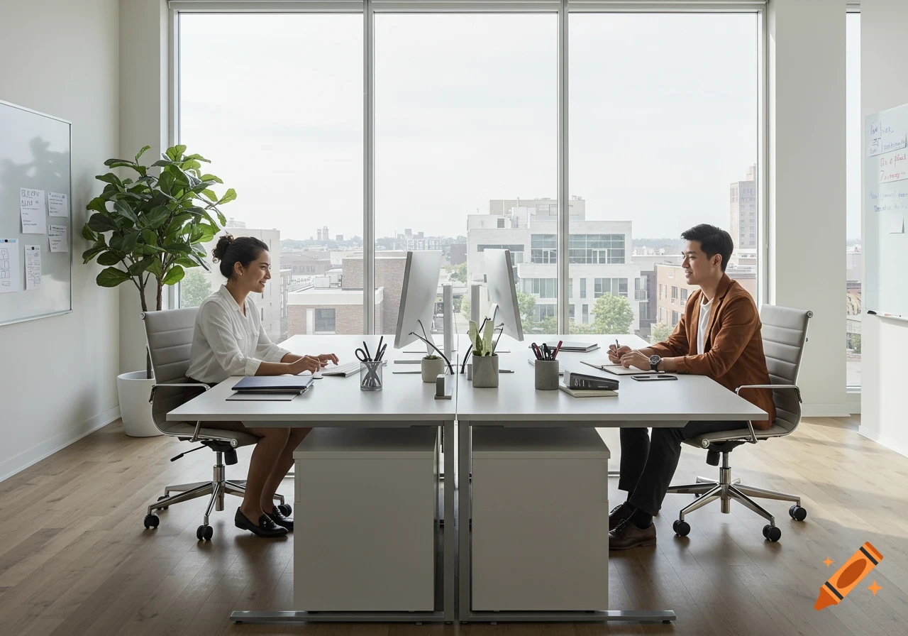 Two professionals working at individual desks in a bright, modern office with a city view.