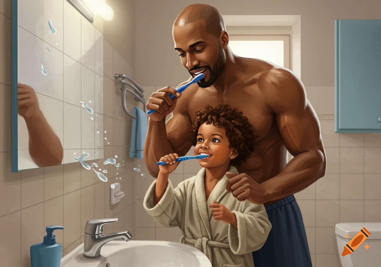 Illustration of a bald, muscular Black man and his young son brushing their teeth together at a bathroom sink.