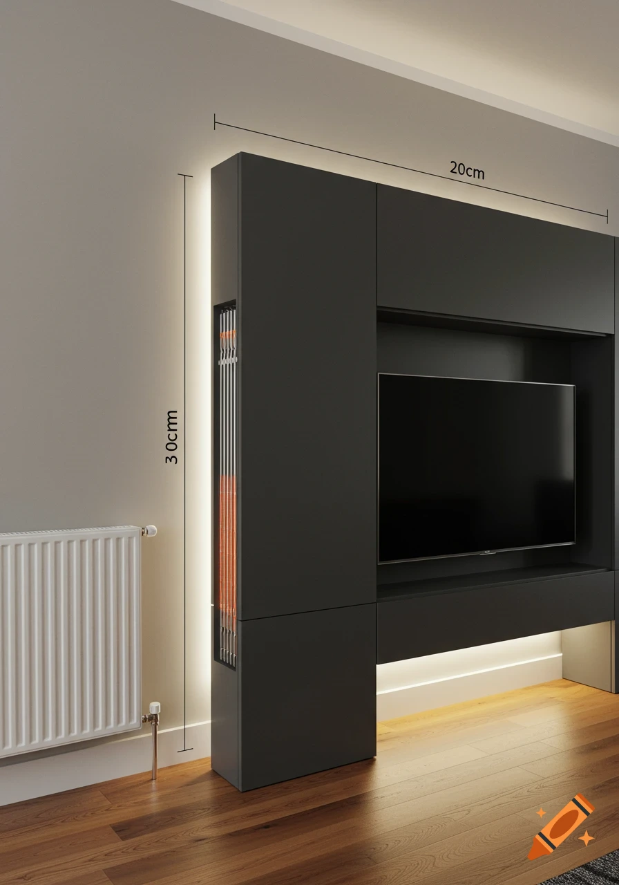 A modern living room with a dark gray media unit, an integrated TV, and a white radiator against a light gray wall, with wooden flooring.