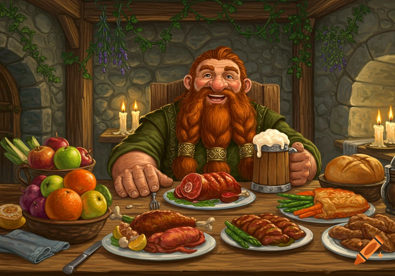 A cheerful, red-bearded dwarf feasts at a wooden table piled with roasted meats, fruit, bread, and a tankard of beer in a rustic tavern.