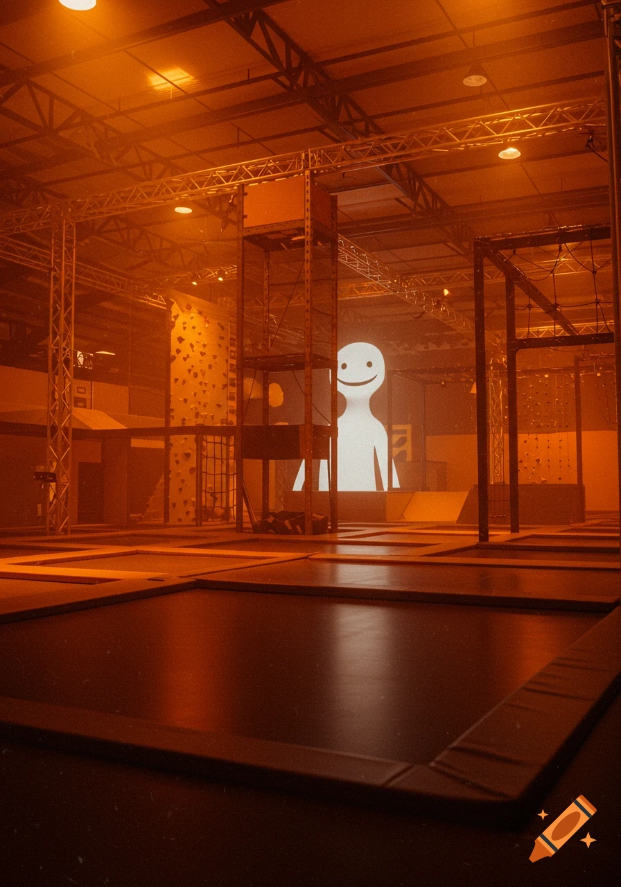 A dimly lit, empty indoor adventure park with orange lighting, trampolines, and climbing structures. A tall, smiling white figure stands in the distance.