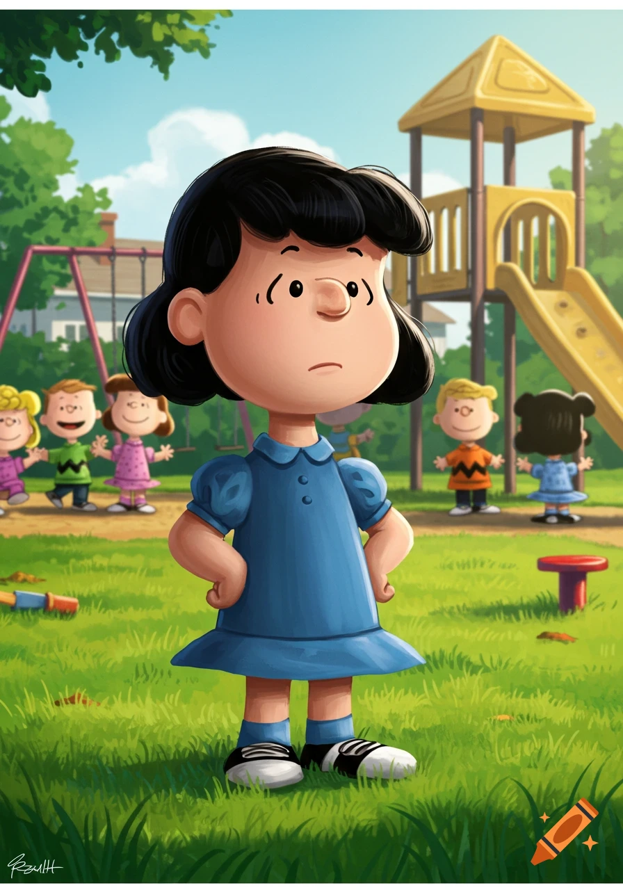 Cartoon Lucy van Pelt with hands on hips in a sunny playground with other Peanuts characters in the background.