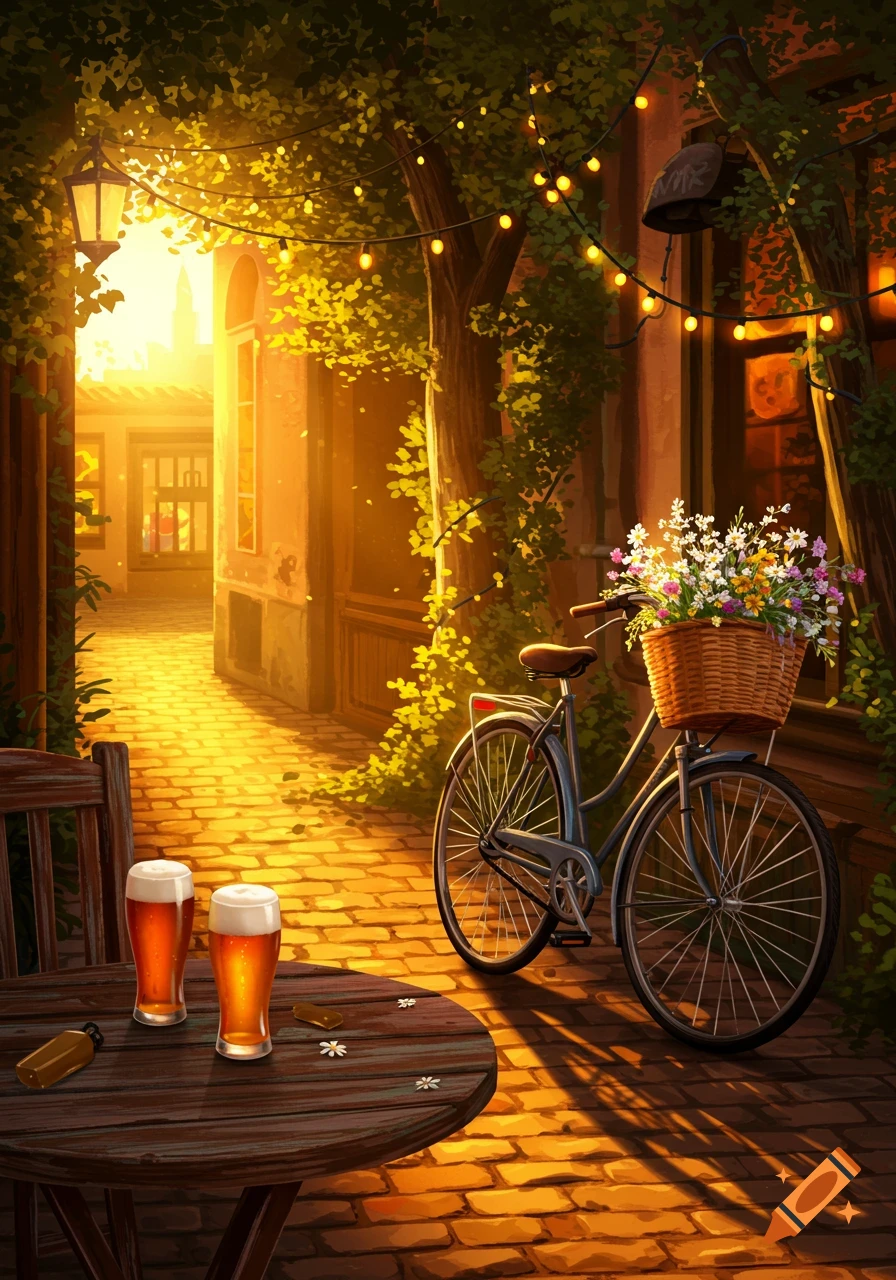 An illustration of a sunset-lit European alley with a bicycle, flowers, two beers on a table, and string lights.