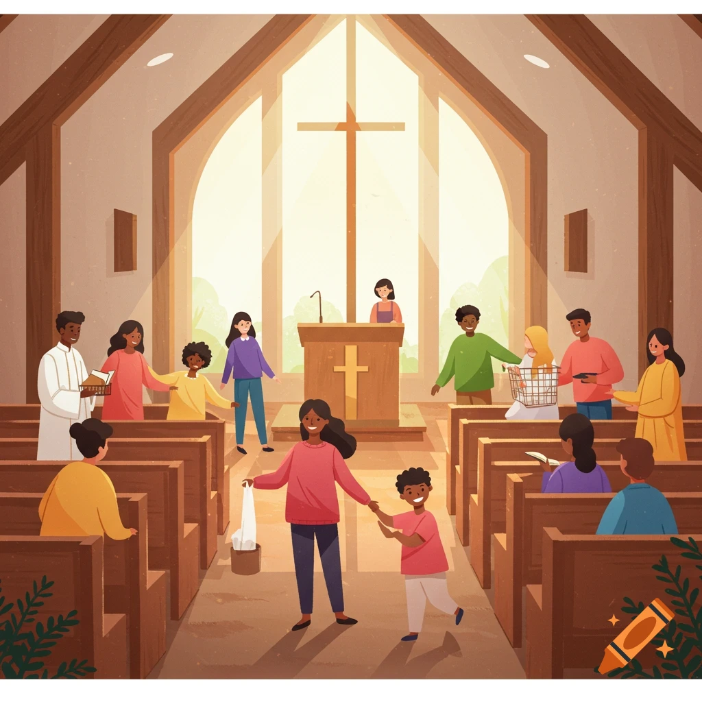 Diverse cartoon people in a warm modern church, gathering and helping each other, with a bright cross at the altar.