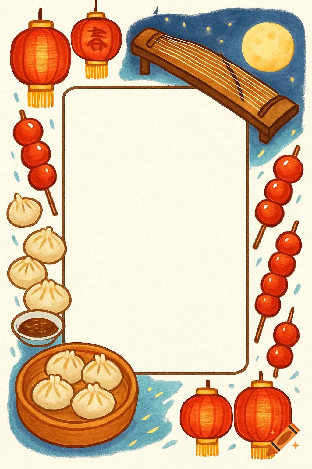 Illustrated name tag template with Chinese lanterns, tanghulu, dumplings, and a guzheng around an empty frame.