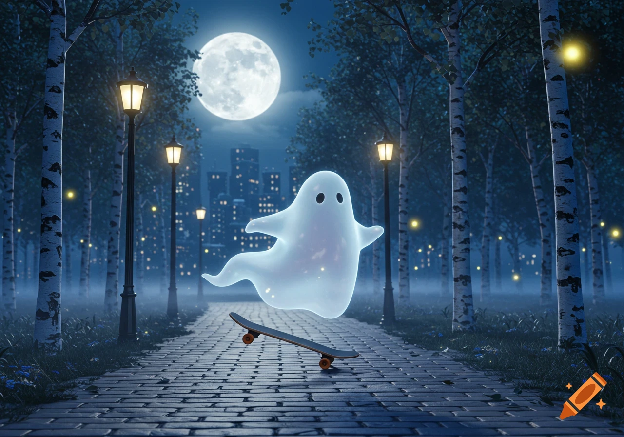A friendly ghost hovers above a skateboard on a brick path at night, with a full moon, tall trees, and streetlights.
