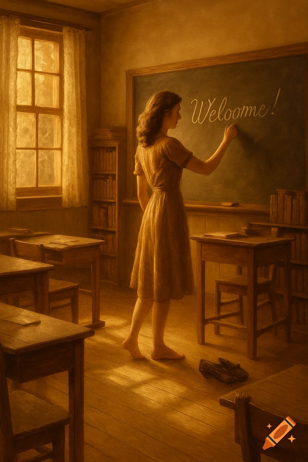 A teacher in a 1920s classroom writes 'Welcoome!' on a blackboard, barefoot on a wooden floor, bathed in warm window light, in a painterly style.
