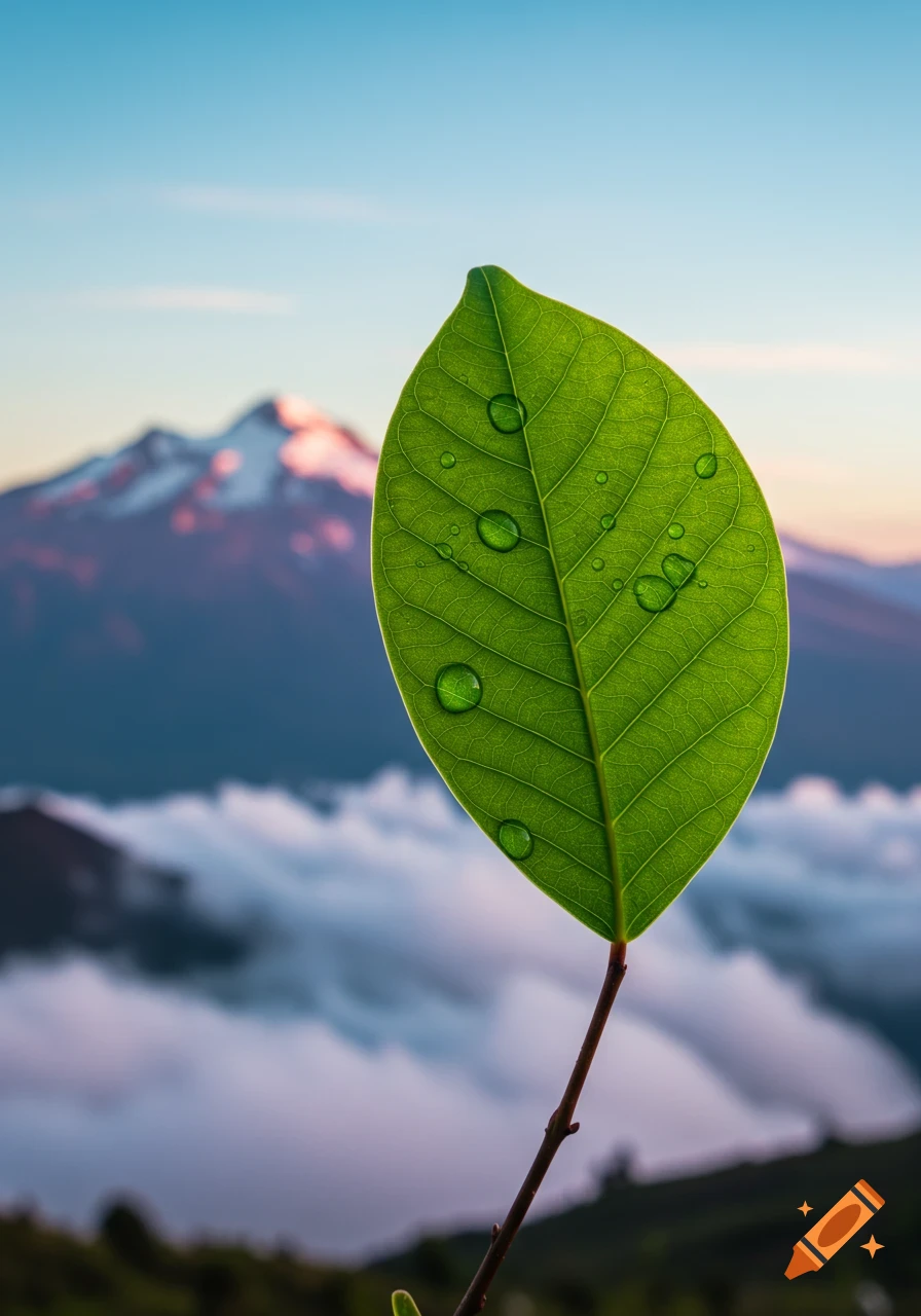 Close-up of a vibrant green leaf with water droplets, backlit against a blurred mountain and cloudy sky at sunset.