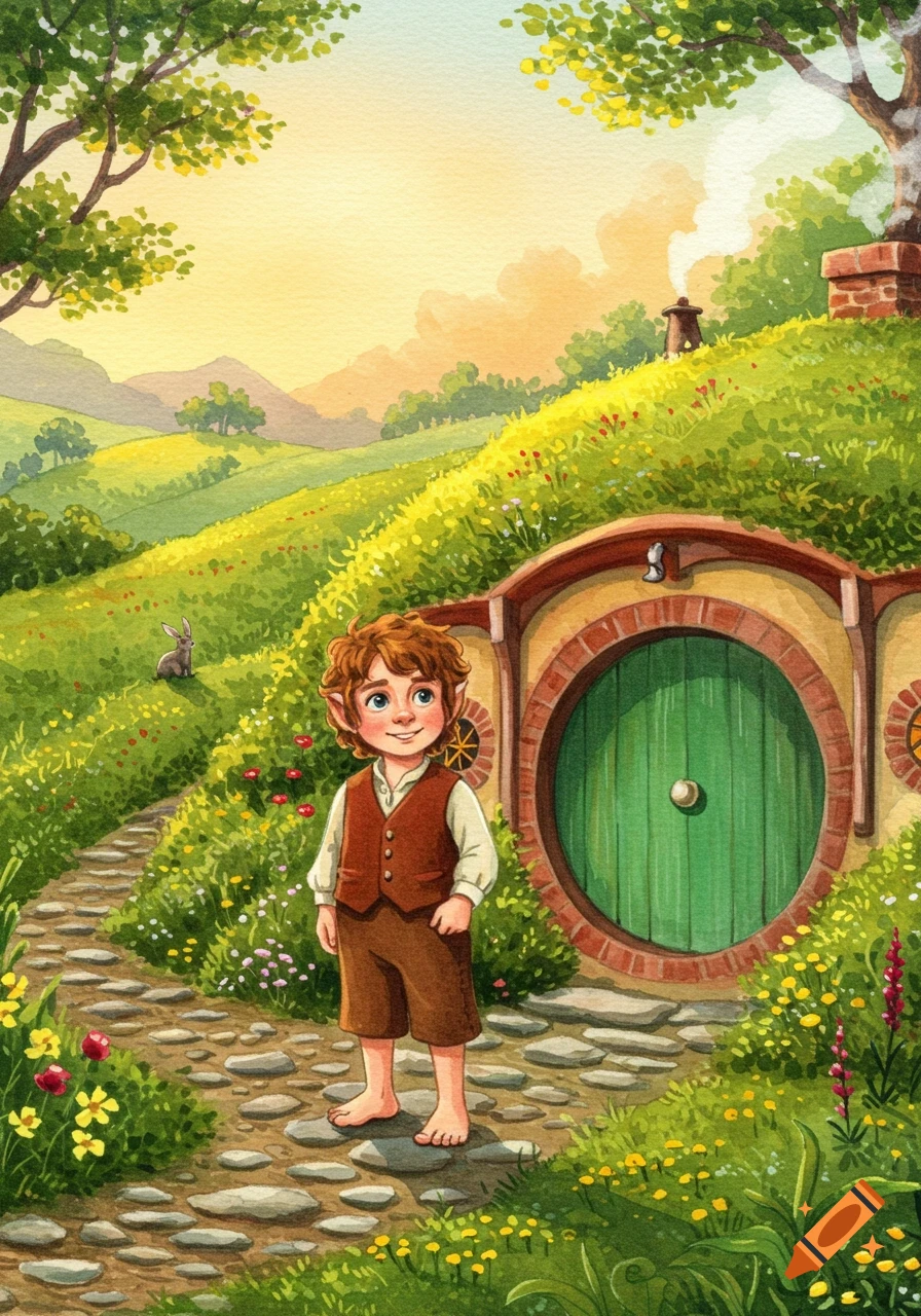 Watercolor of a red-haired Hobbit standing barefoot on a stone path in front of a green round hobbit-hole in a hilly, green landscape.