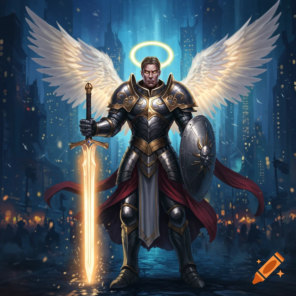 A male angel warrior in armor with large white wings and a halo holds a glowing sword and shield in a dark, blurred city at night.