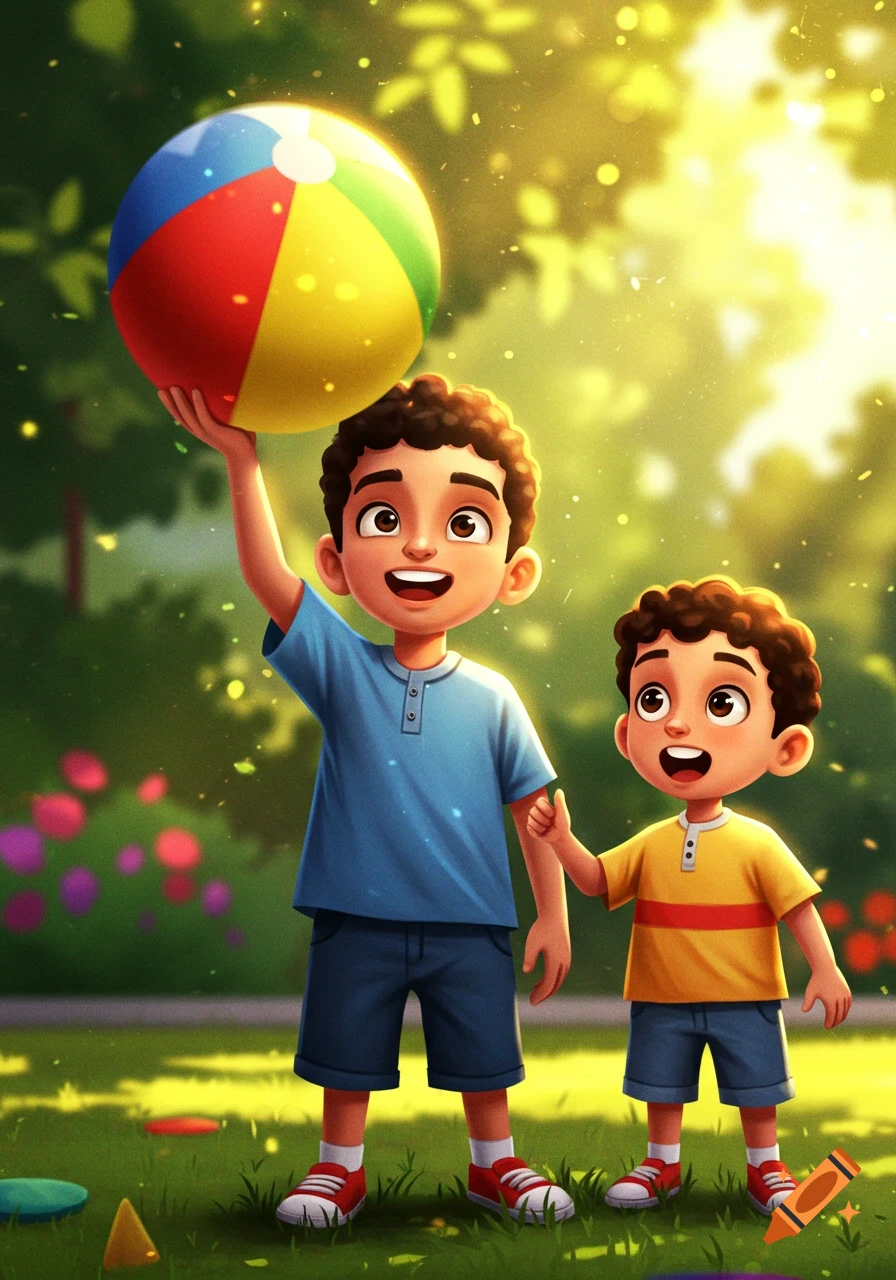 Two cartoon boys playing with a colorful beach ball in a sunny park.