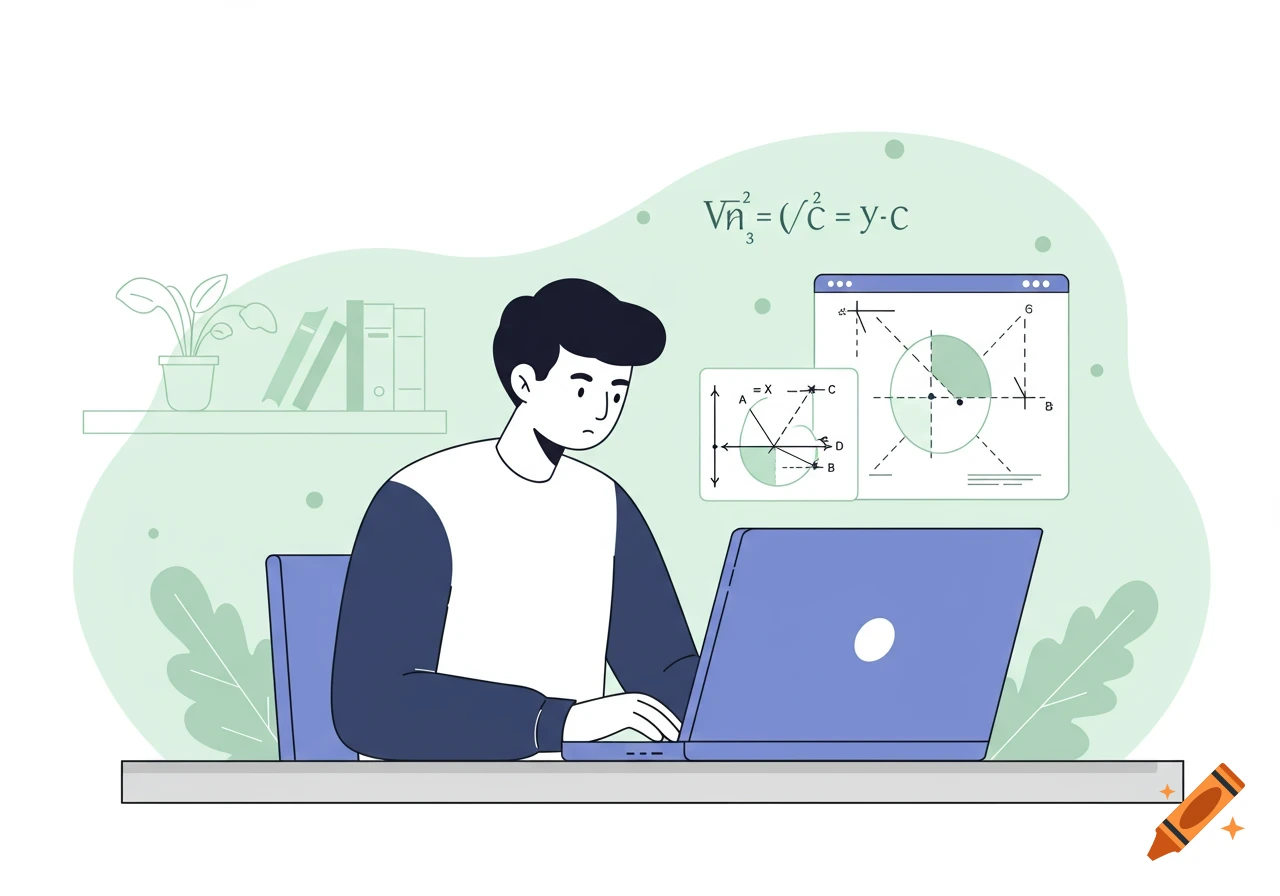 Stylized illustration of a student working on a laptop with mathematical equations and graphs in the background.