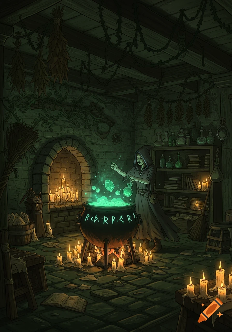 A 2D illustration of a witch in a dark, candlelit lair, stirring a glowing green potion in a large cauldron marked with runes. The room contains shelves of bottles and drying herbs.