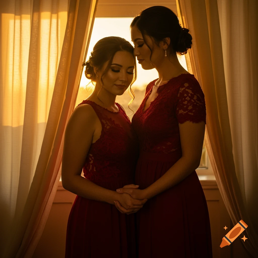Two women in red lace dresses stand intimately, holding hands, silhouetted against a golden window at sunset.