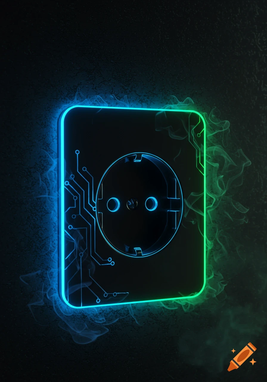A glowing blue and green neon electrical outlet with circuit board patterns on a dark, textured wall.