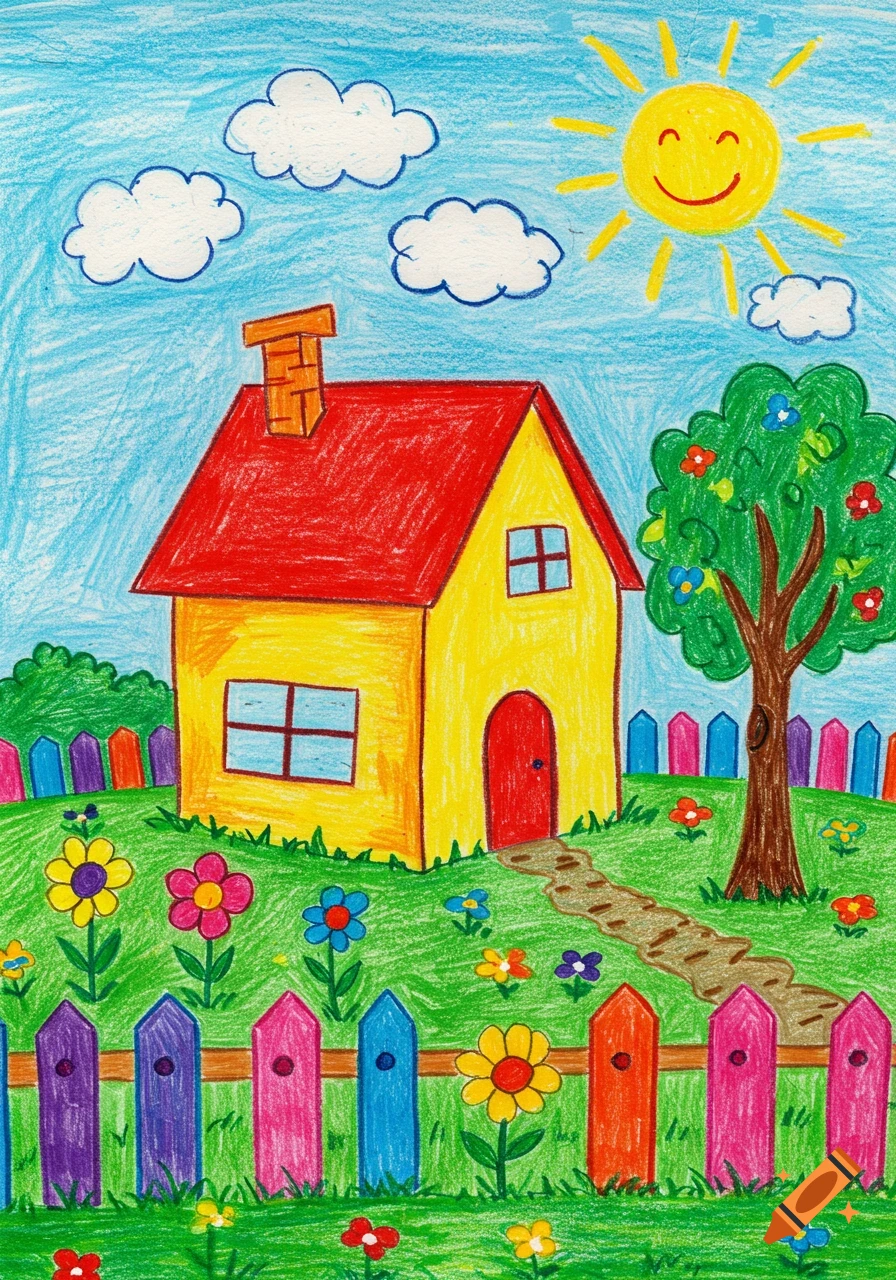 Colorful child's crayon drawing of a yellow house with a red roof, a garden with flowers and a tree, a multicolored fence, white clouds, and a smiling sun in a blue sky.