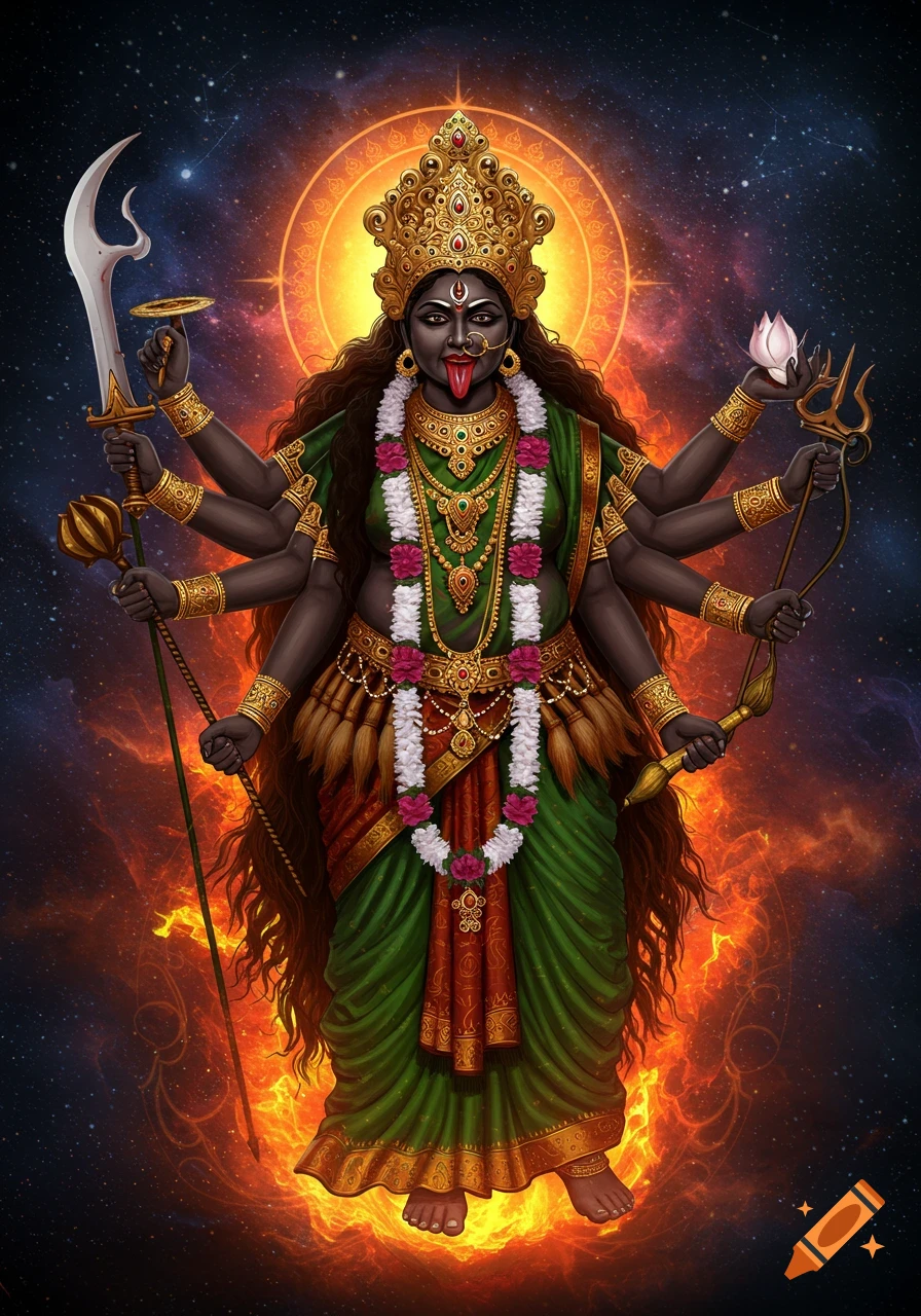 A multi-armed depiction of the Hindu goddess Kali with dark skin, wearing a crown and traditional attire, standing amidst flames against a cosmic background.
