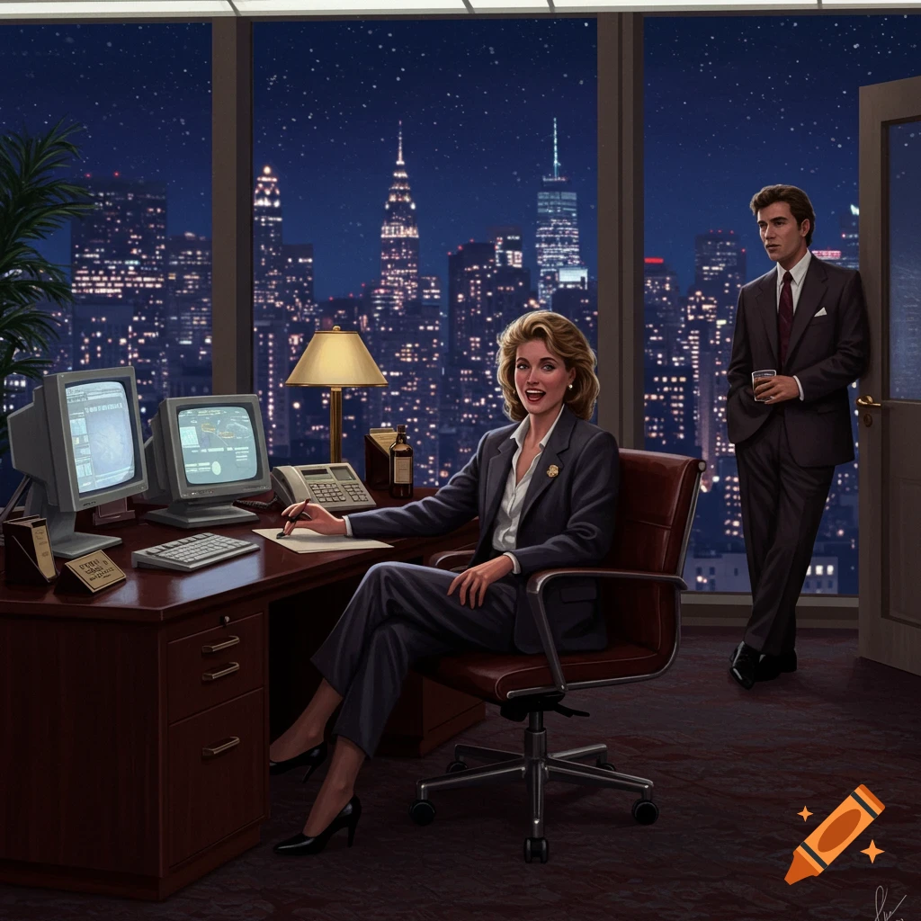 A stylish woman in a power suit sits at a mahogany desk in a posh 1980s Wall Street office at night, with a man leaning by the door. New York City skyline glows through the windows.