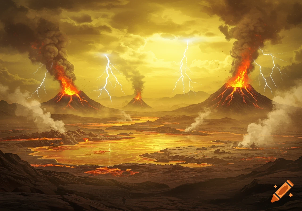 Erupting volcanoes, rivers of lava, and lightning strikes illuminate a harsh alien landscape under a thick, yellow, sulfurous sky.