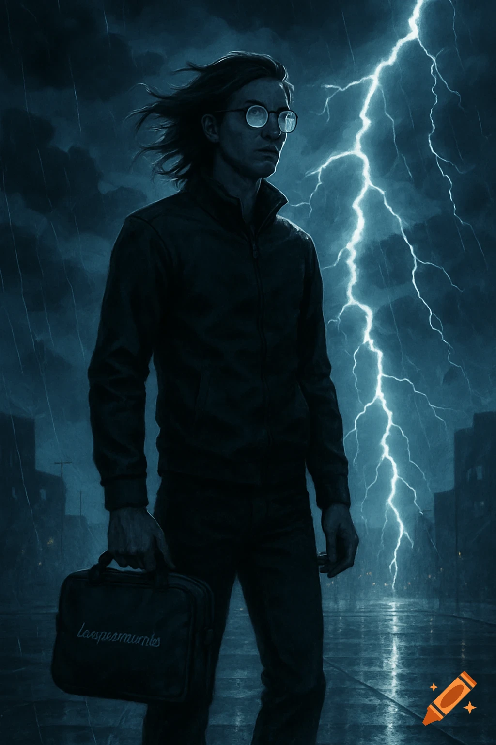 A man with long hair and hexagonal glasses, wearing a dark jacket, walks in the rain during a lightning storm, carrying a bag. Stylized digital art.