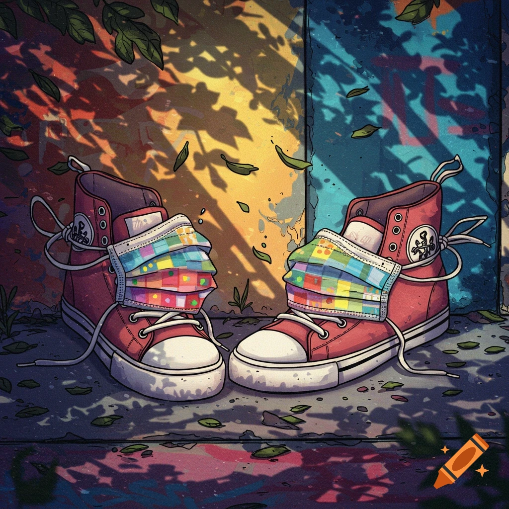 Two red high-top sneakers wear colorful pleated face masks on concrete with dappled shadows and fallen leaves in a cartoon style.