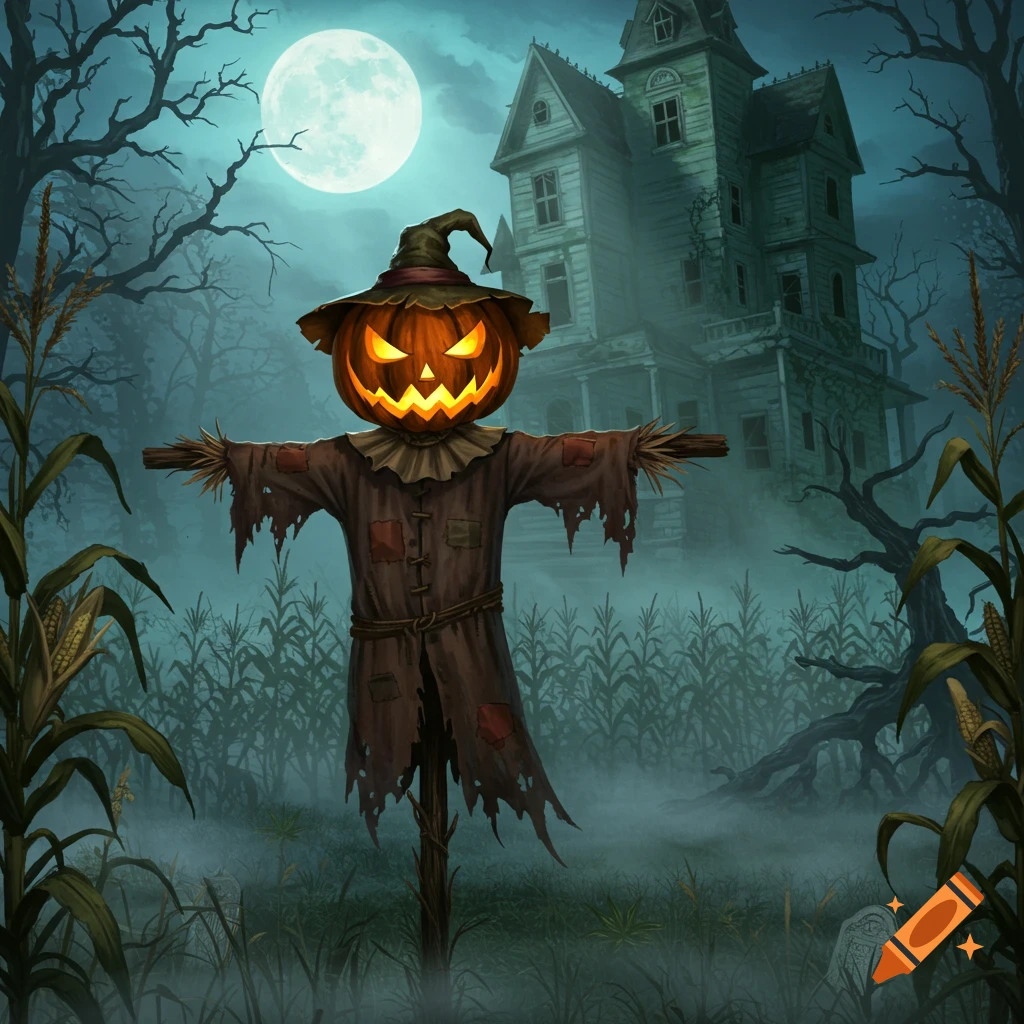 A glowing jack-o'-lantern scarecrow stands in a foggy cornfield before a haunted house under a full moon.