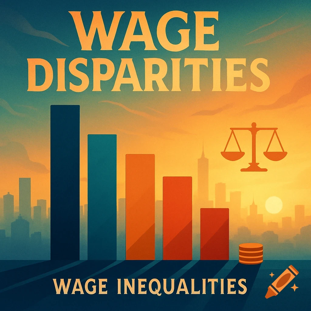 An infographic of wage disparities, featuring a descending bar graph, a city skyline at sunset, a balance scale, and stacks of coins.