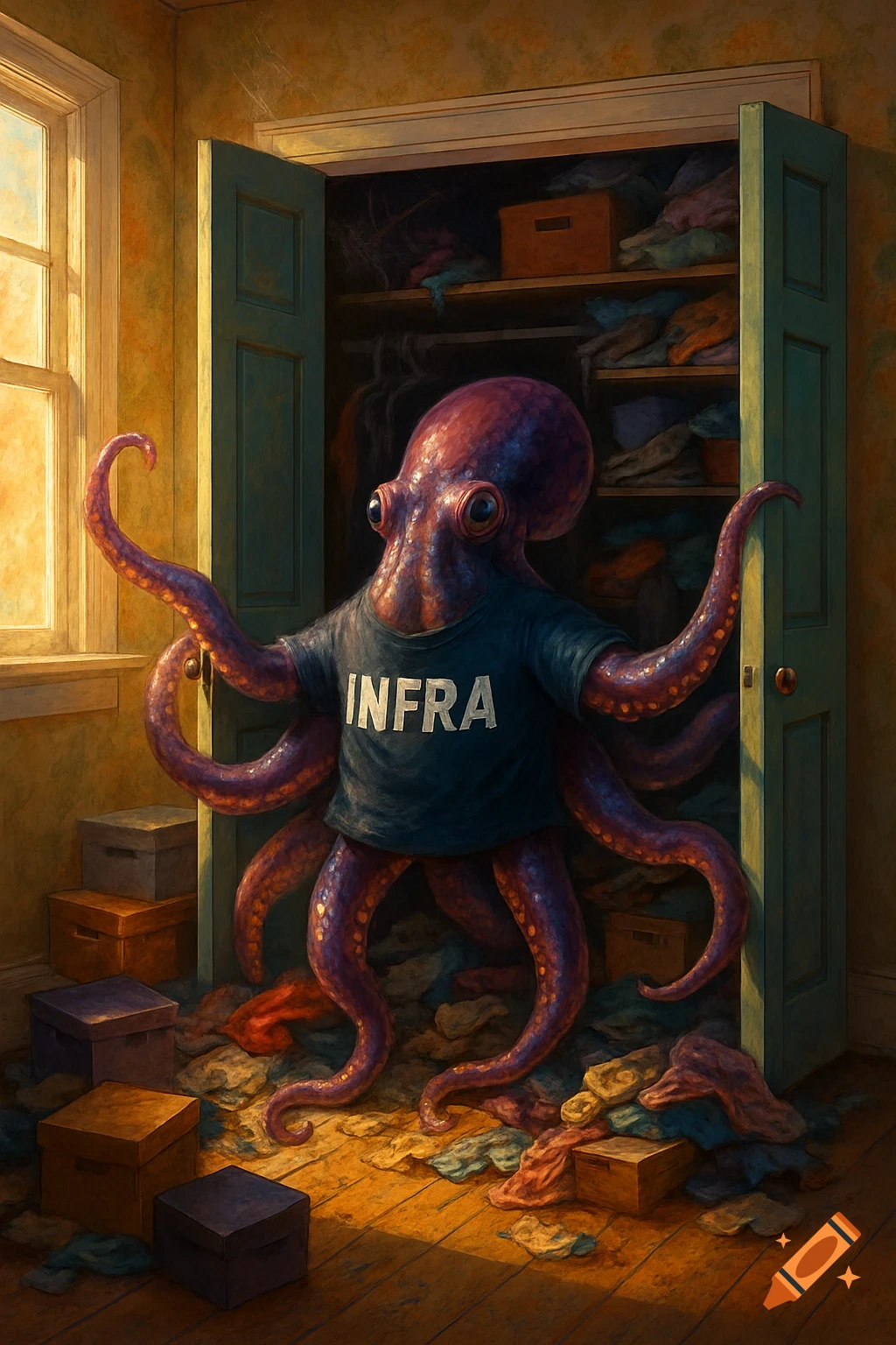 A purple octopus wearing an "INFRA" t-shirt stands in a sunlit room, opening an overflowing closet.