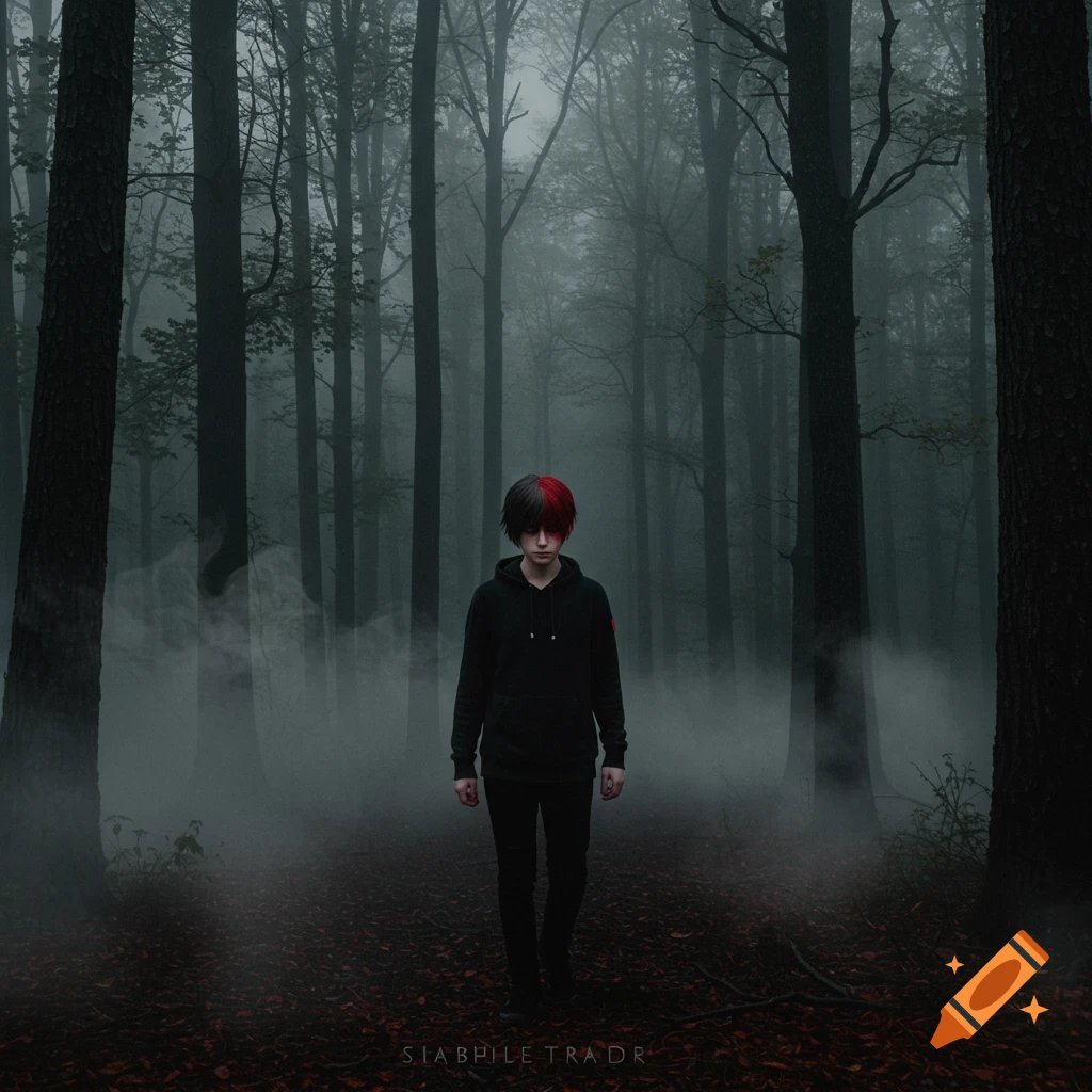 A boy with black and red split-dye hair and a black hoodie stands in a dark, foggy photorealistic forest.
