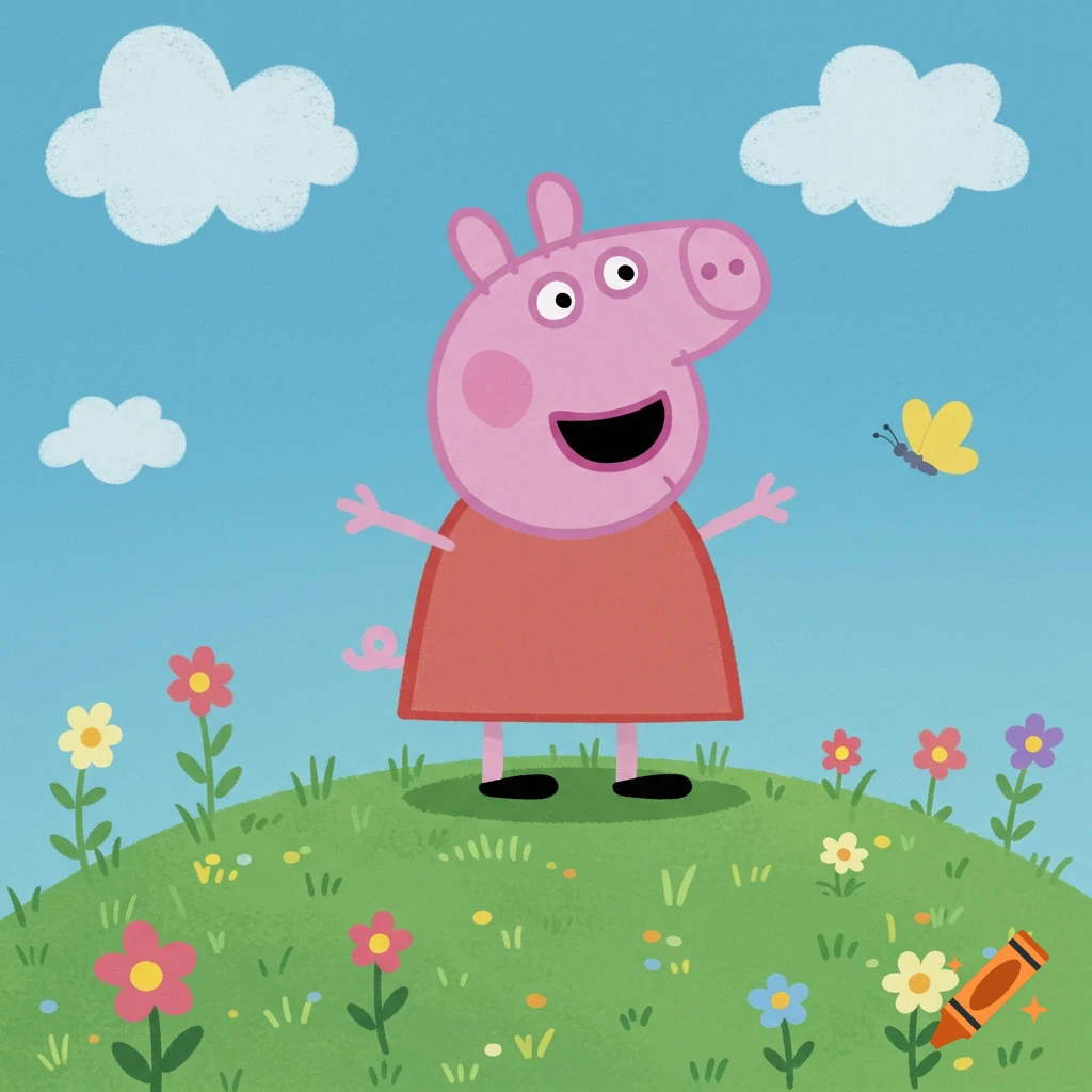 Peppa Pig in a red dress stands on a green hill with flowers under a blue sky and white clouds, a yellow butterfly flies nearby.