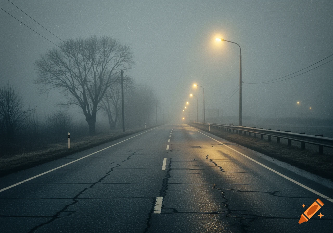 A long, foggy highway stretching into the distance at dusk, illuminated by streetlights, with bare trees on the side.
