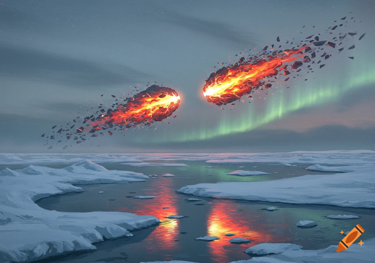 Two fiery meteoroids breaking apart, reflecting in an arctic landscape with ice, water, and a green aurora borealis.