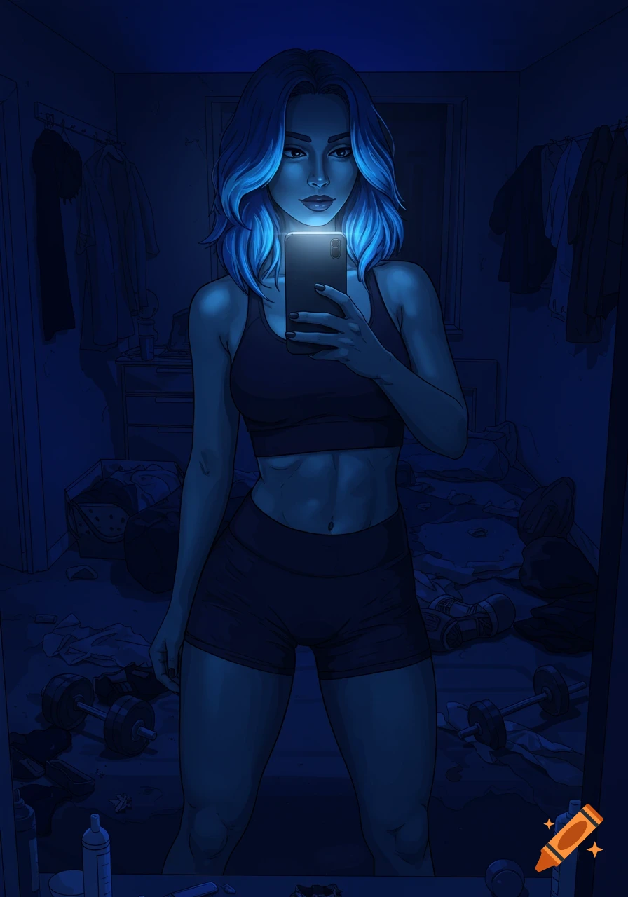 2D illustration of a woman with glowing blue hair taking a selfie in a dark, messy bedroom, wearing a sports bra and shorts.