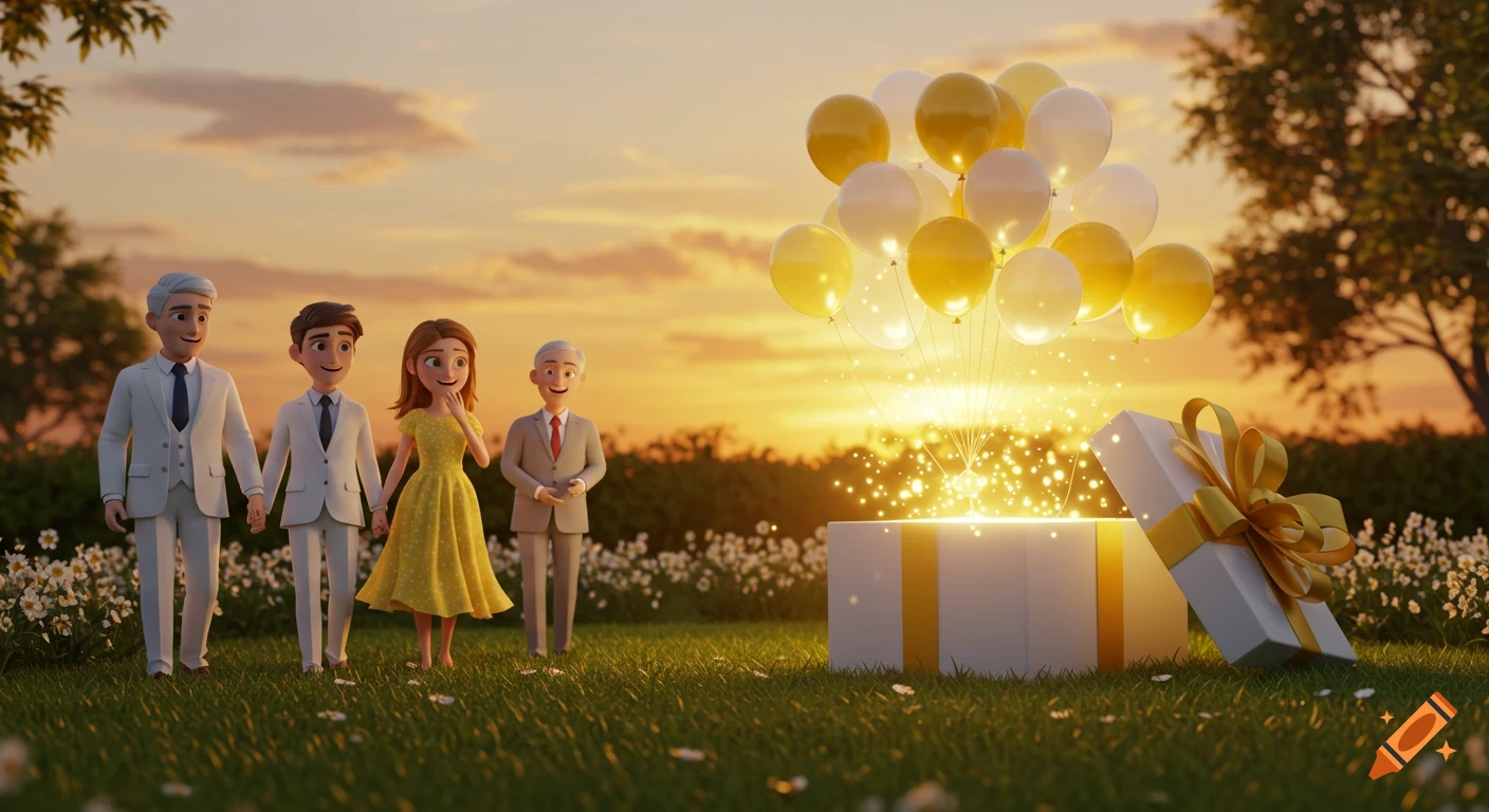 A Pixar-style 3D animated scene of three people in a sunlit garden watching golden light and balloons emerge from an open gift box.
