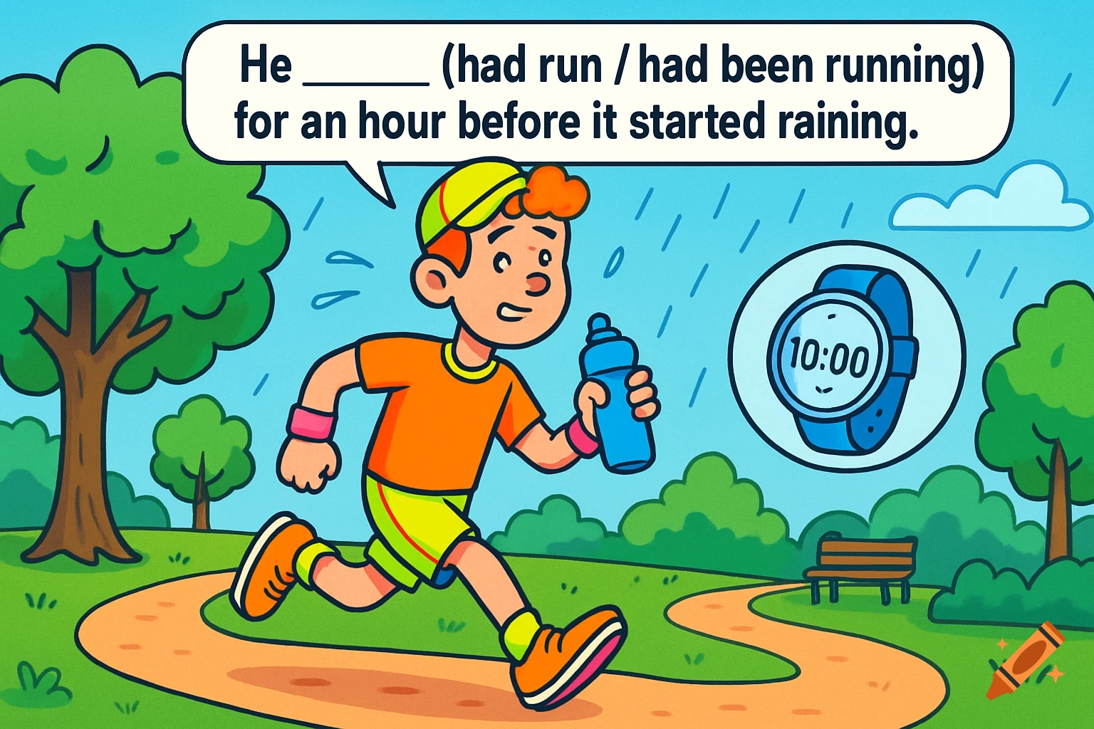 Colorful cartoon illustration of a man jogging in a park in the rain, with a grammar question in a speech bubble above.