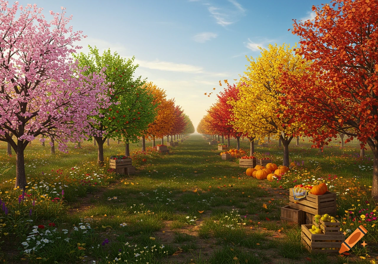A vibrant orchard with trees showing spring blossoms, summer fruit, and autumn leaves along a grassy path with pumpkins and fruit crates under a clear blue sky.