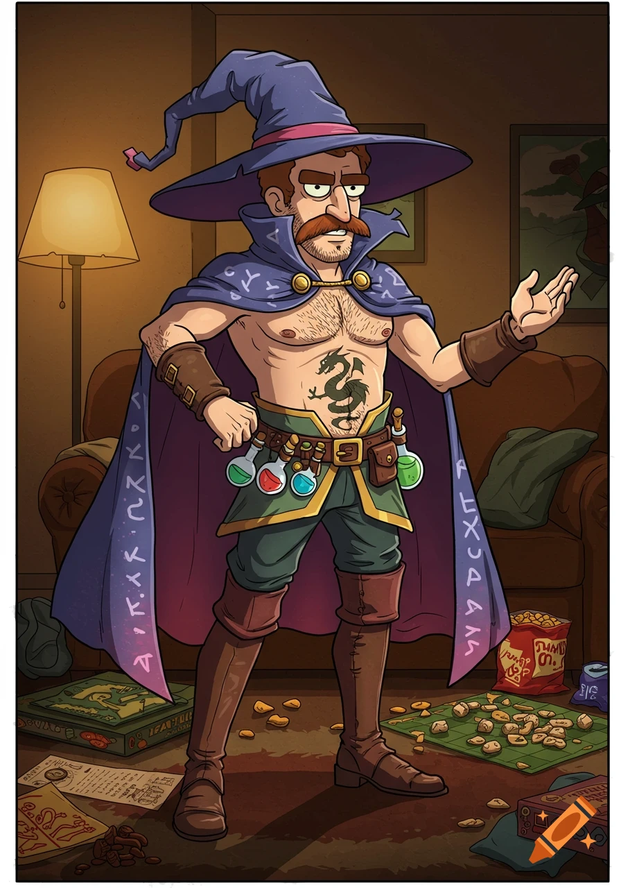 Carl from Aqua Teen Hunger Force dressed as a shirtless wizard, with a dragon tattoo, surrounded by board games and snacks.