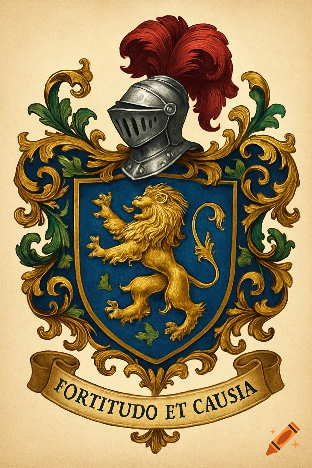 An ornate coat of arms featuring a knight's helmet, a blue shield with a golden lion, and a banner with Latin text.