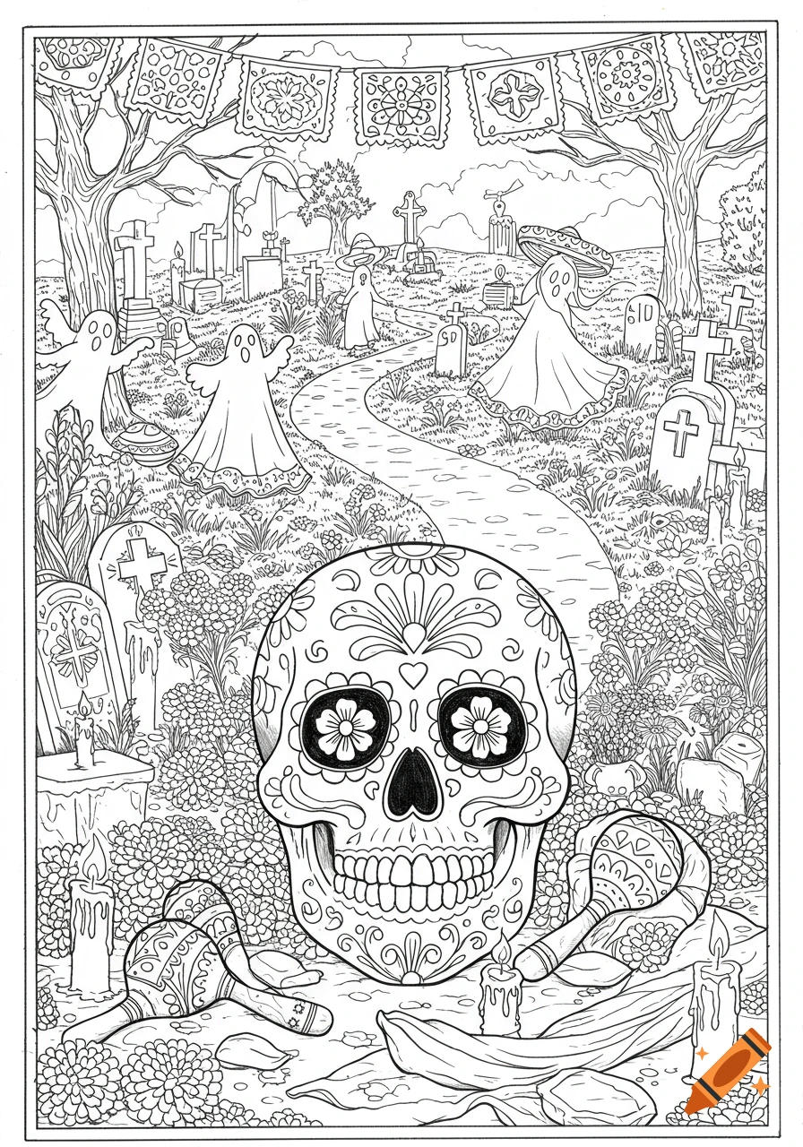 Black and white line art coloring page depicting a detailed Day of the Dead cemetery scene with a large sugar skull, gravestones, maracas, candles, ghosts, and decorative banners.