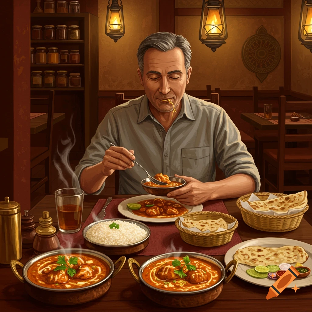 A man enjoys chicken curry and naan bread in a cozy Indian restaurant, with various dishes on the table.
